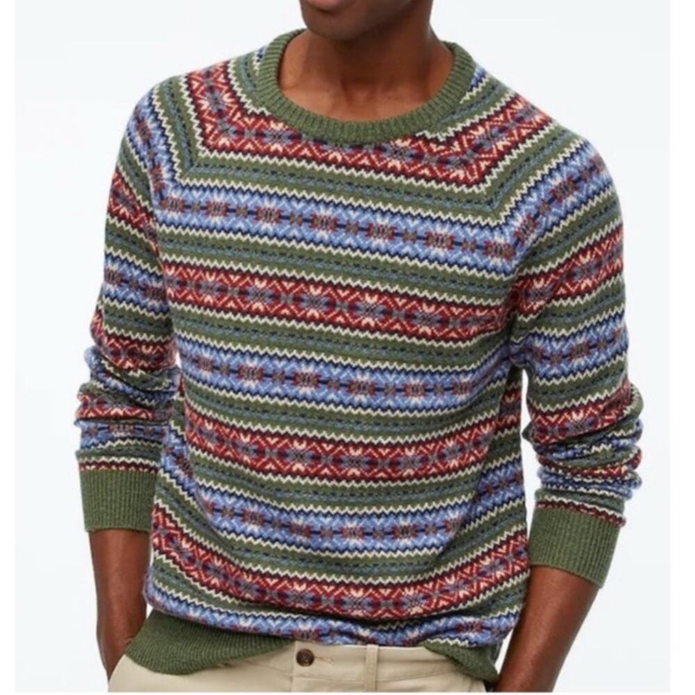 J. CREW Men's Lambswool-Blend Fair Isle Crewneck Jumper Festive‎ Green Size XL